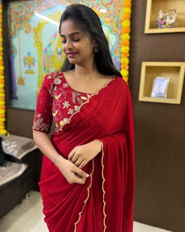 Red 	Chinon Silk Saree with Khatliwork Border