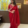 Red 	Chinon Silk Saree with Khatliwork Border