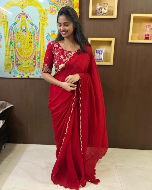 Red 	Chinon Silk Saree with Khatliwork Border