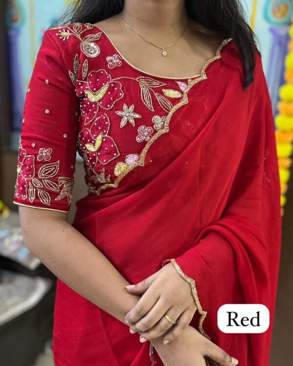 Red 	Chinon Silk Saree with Khatliwork Border