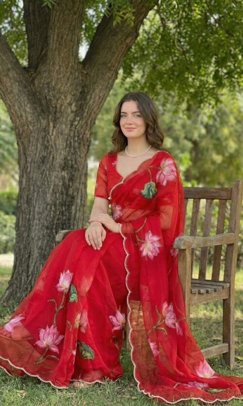 Soft Teby Silk Saree with Digital Floral Print & Handwork