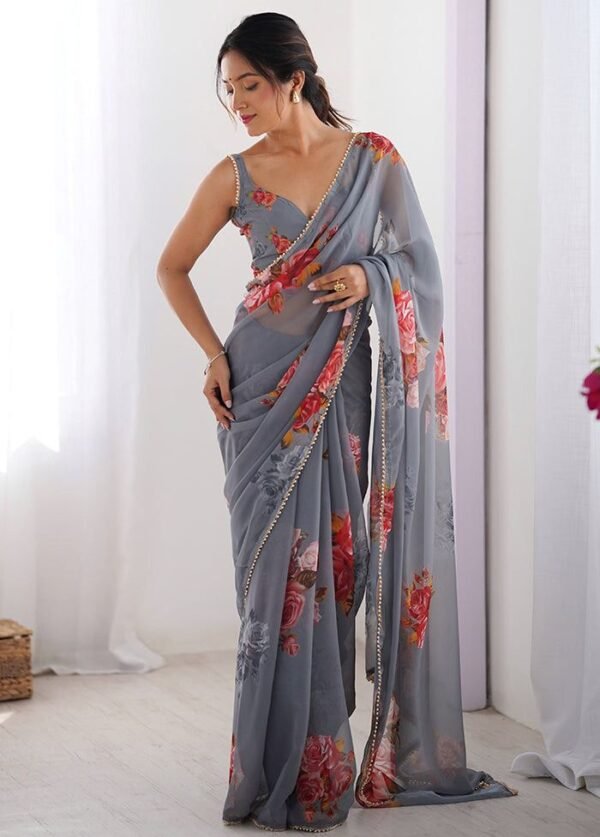 Floral Printed Georgette Silk Saree with Moti Lace Border