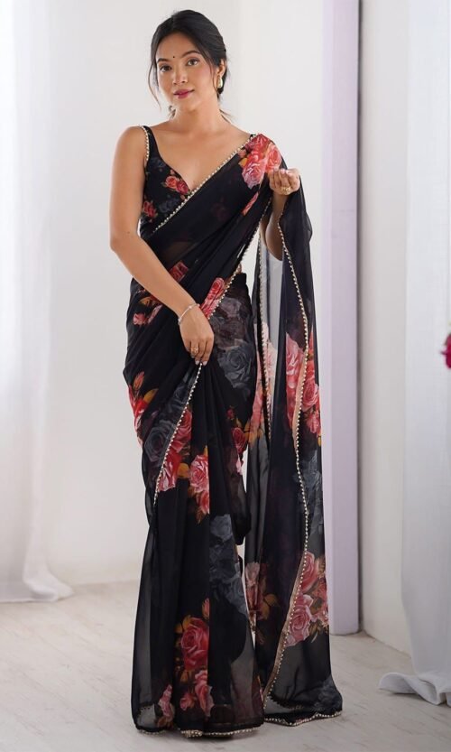 Floral Printed Georgette Silk Saree with Moti Lace Border