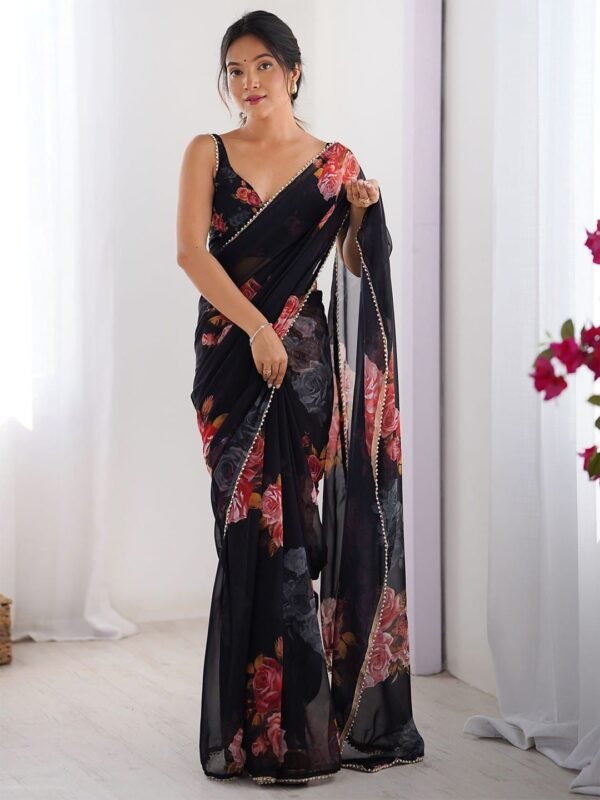 Floral Printed Georgette Silk Saree with Moti Lace Border