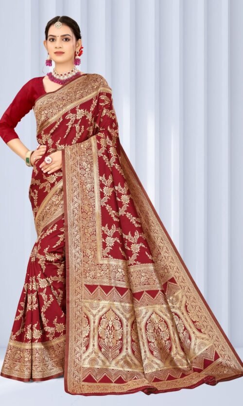 Red Banarasi Soft Silk Saree with Traditional Weaving