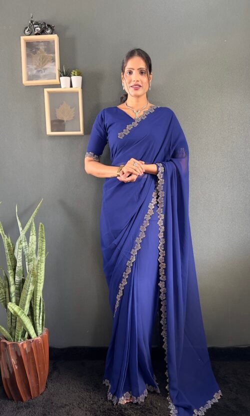 Designer Blue Georgette Party Wear Saree with Crystal Border