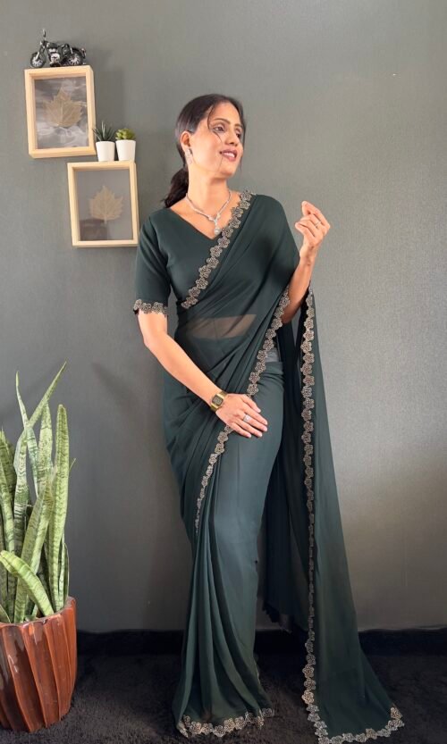 Dark Green Georgette Saree with Swarovski Diamond Work