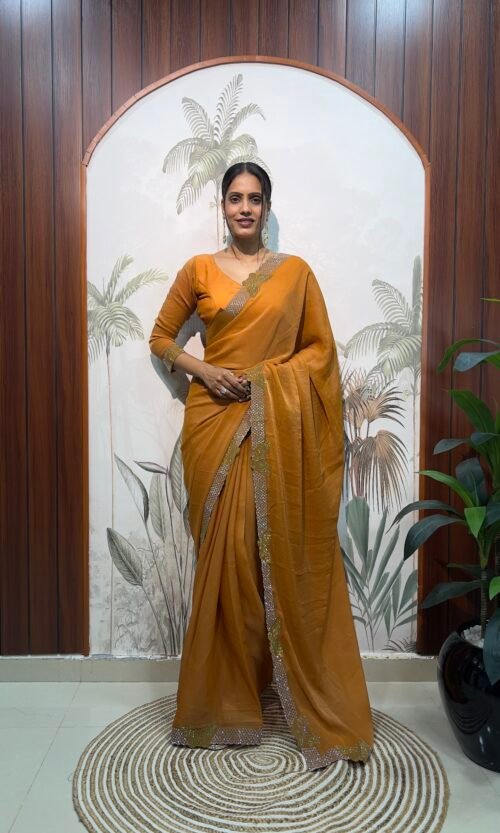 Premium Moss Silk Ready Wear Saree with Swarovski Cut Work