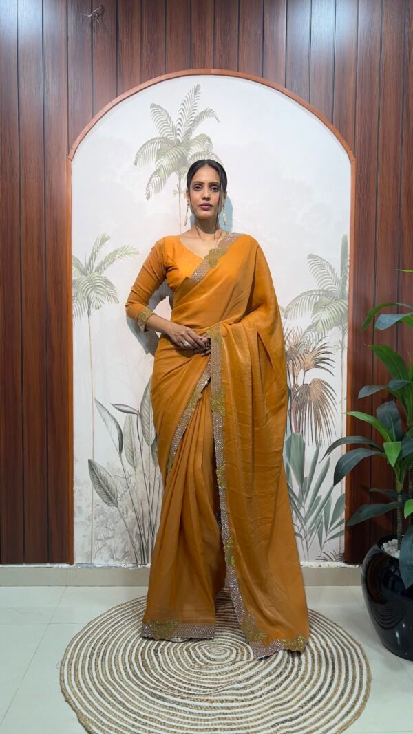 Premium Moss Silk Ready Wear Saree with Swarovski Cut Work