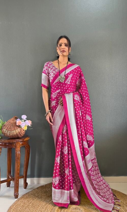 Pink Moss Silk Ready to Wear Saree with Print Design