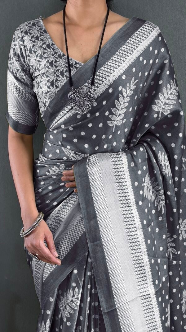 Grey Moss Silk Ready to Wear Saree with Print Design
