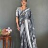 Grey Moss Silk Ready to Wear Saree with Print Design