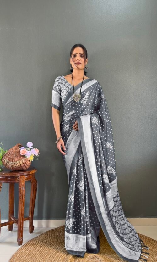 Grey Moss Silk Ready to Wear Saree with Print Design