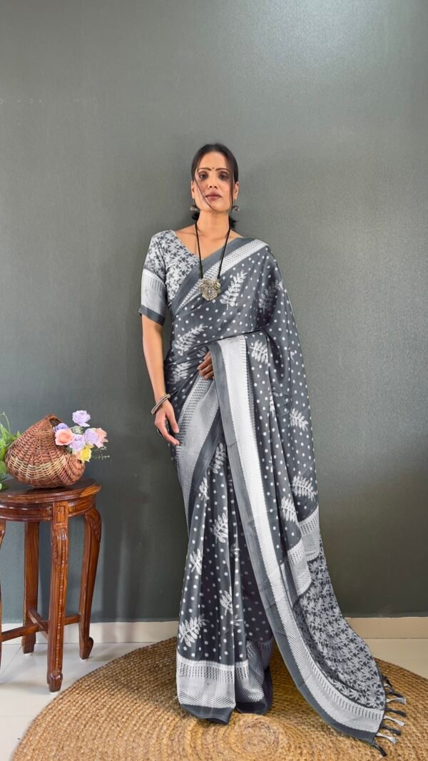 Grey Moss Silk Ready to Wear Saree with Print Design