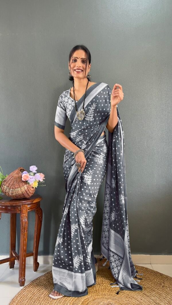 Grey Moss Silk Ready to Wear Saree with Print Design