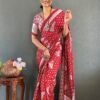 Designer Red Moss Silk Pre-Stitched Printed Saree