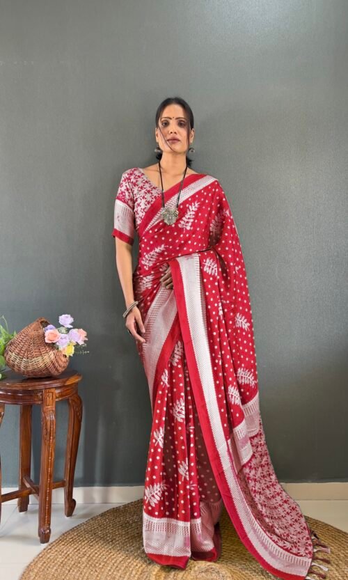 Designer Red Moss Silk Pre-Stitched Printed Saree