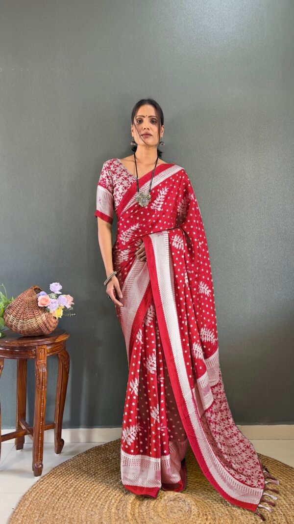 Designer Red Moss Silk Pre-Stitched Printed Saree