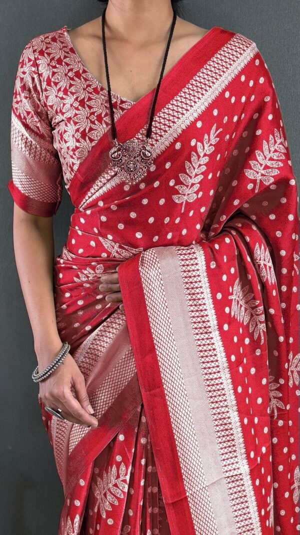Designer Red Moss Silk Pre-Stitched Printed Saree