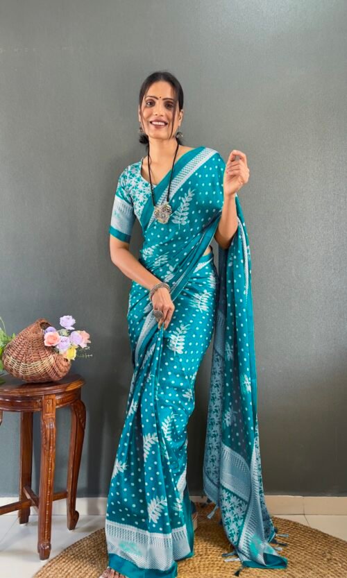 Teal Moss Silk Ready Wear Saree with Print Design