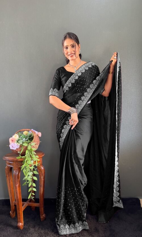 Black Rangoli Silk Ready to Wear Saree with Swarovski Work
