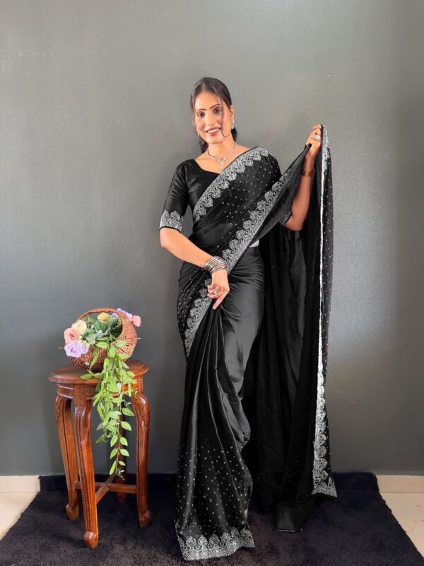 Black Rangoli Silk Ready to Wear Saree with Swarovski Work
