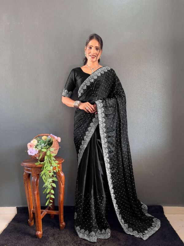 Black Rangoli Silk Ready to Wear Saree with Swarovski Work