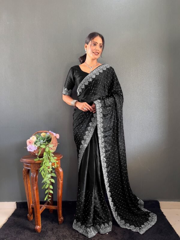Black Rangoli Silk Ready to Wear Saree with Swarovski Work