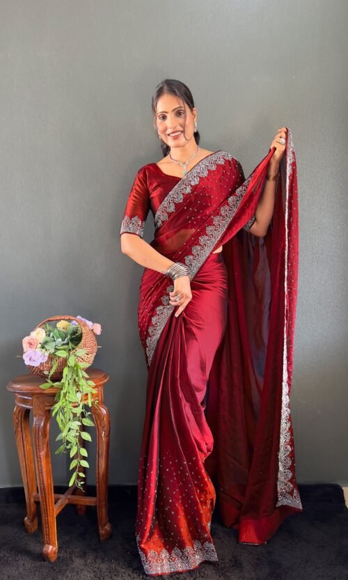 Red Rangoli Silk Ready Wear Saree with Swarovski Work