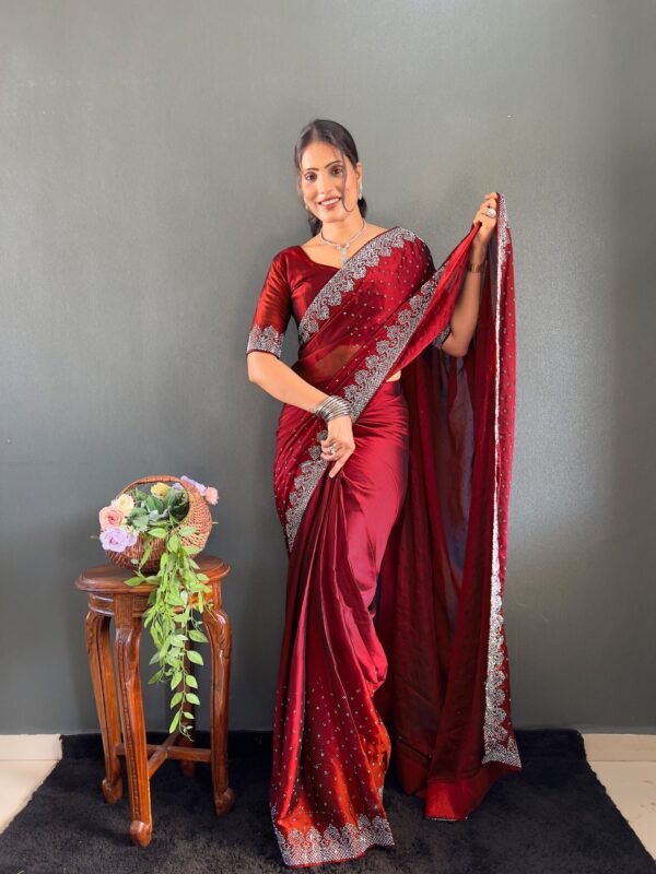 Red Rangoli Silk Ready Wear Saree with Swarovski Work