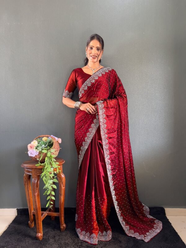 Red Rangoli Silk Ready Wear Saree with Swarovski Work