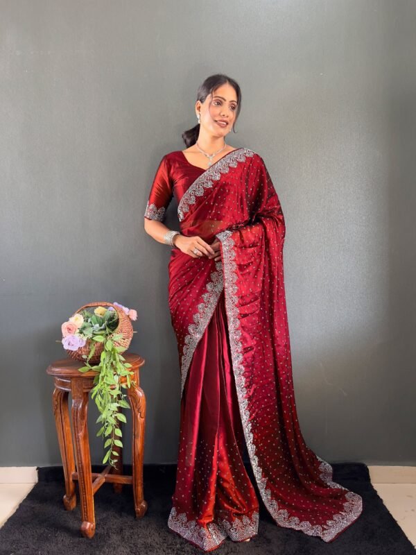 Red Rangoli Silk Ready Wear Saree with Swarovski Work