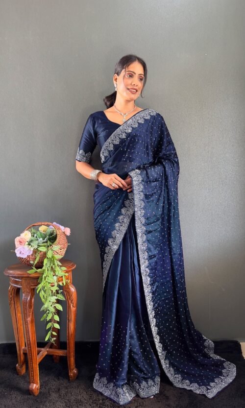 Designer Rangoli Silk Pre-Stitched Saree with Crystal Work