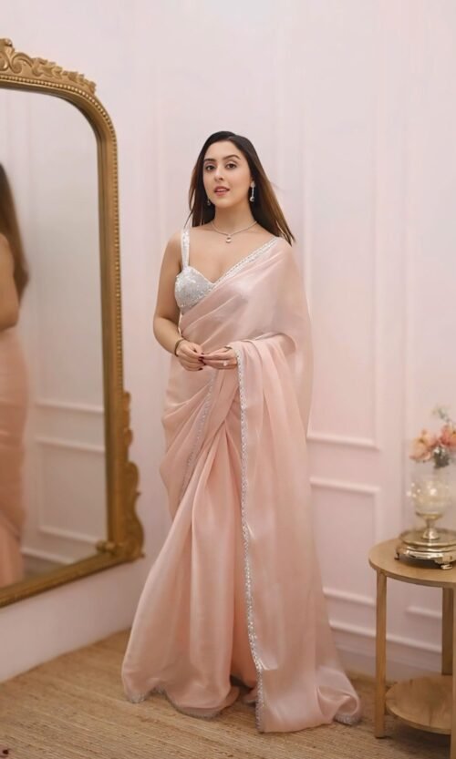 Elegant Peach Party Wear Saree with Lace Detailing