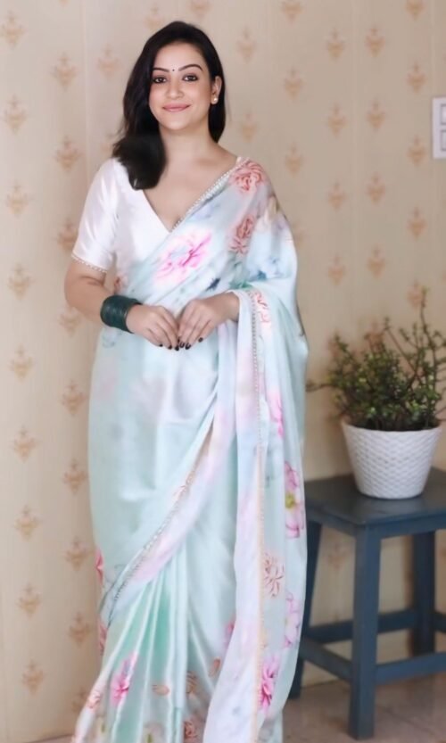 White Satin Silk Ready to Wear Printed Saree