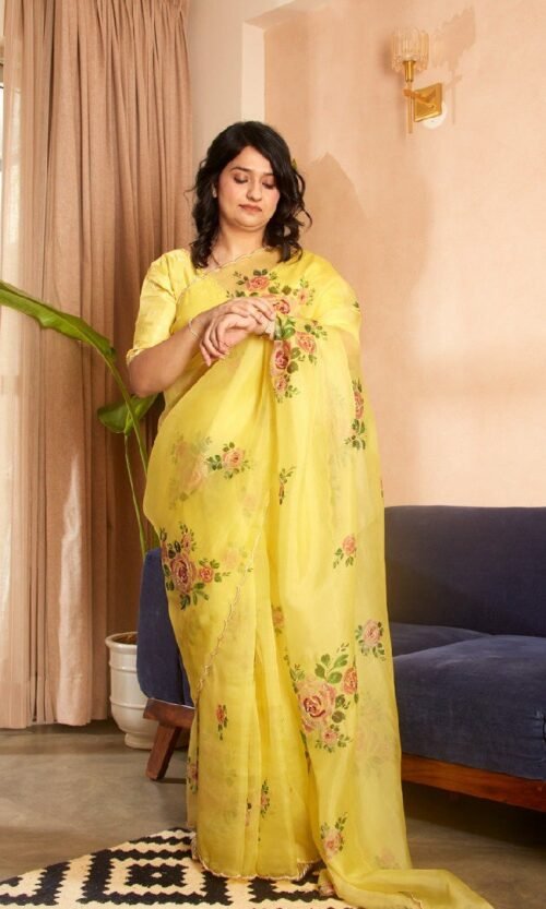 Yellow Organza Silk Ready-to-Wear Saree for women