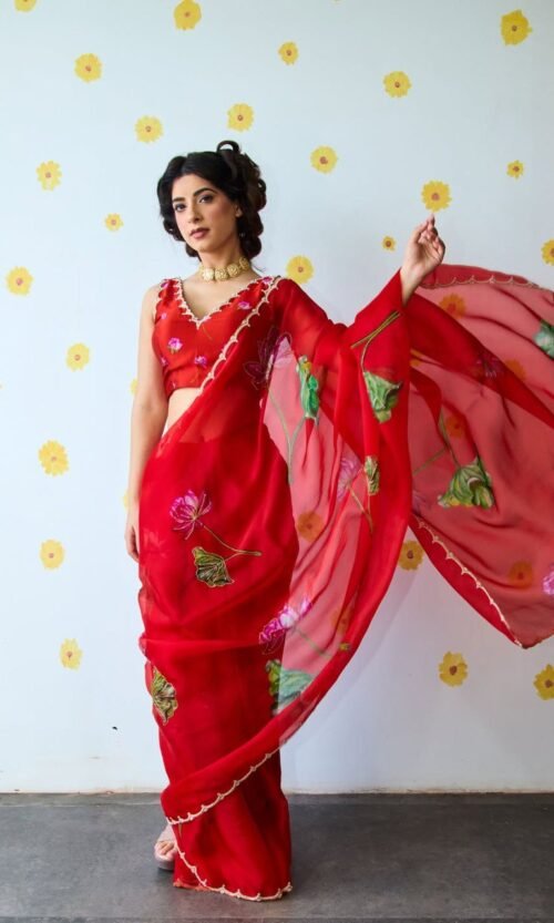 Red Organza Silk Ready-to-Wear Saree with Floral Work