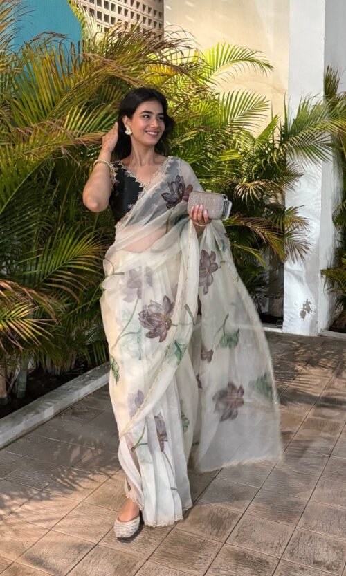 Floral Organza Silk Ready to Wear Saree with Stitched Blouse