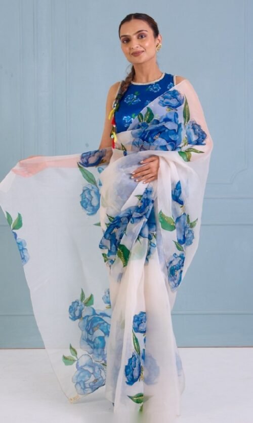 Blue Floral Organza Silk Ready To Wear Saree