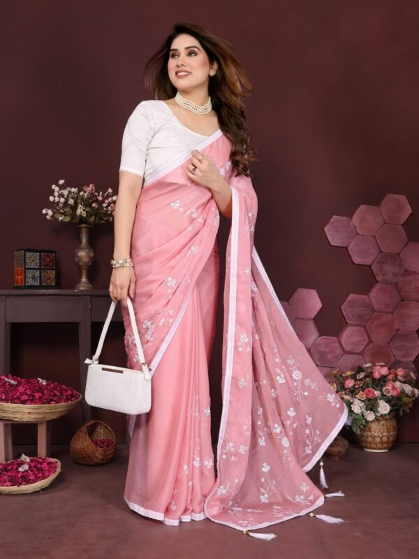 Moss Satin Patta Saree with Heavy Embroidery Work