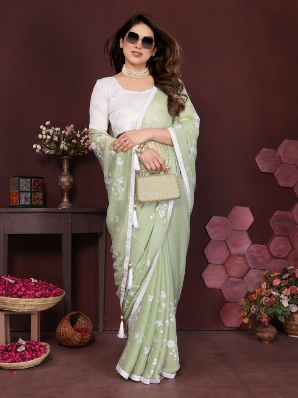 Moss Satin Patta Saree with Heavy Embroidery Work