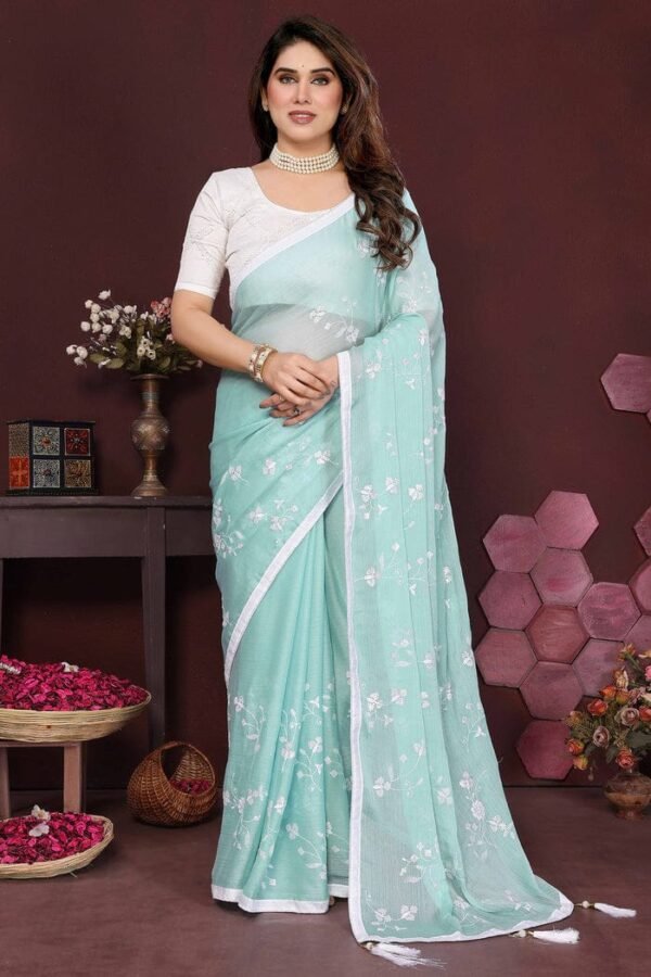 Moss Satin Patta Saree with Heavy Embroidery Work