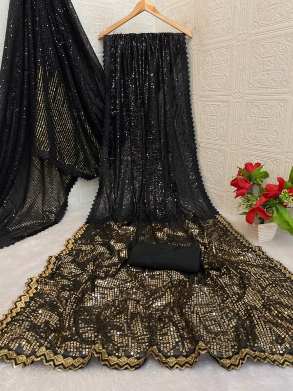 Black Georgette Sequin Saree with Embroidery Lace Border