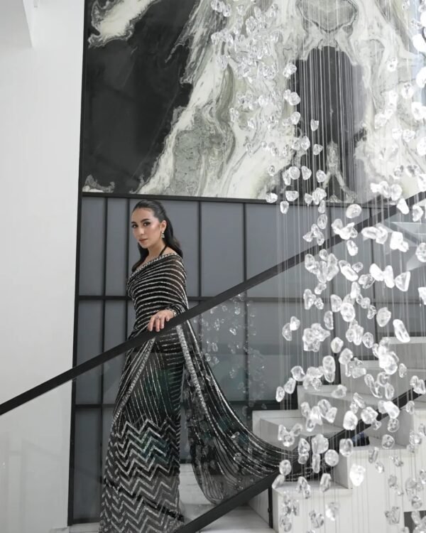 Designer Black Sequin Party Wear Saree with Silk Blouse