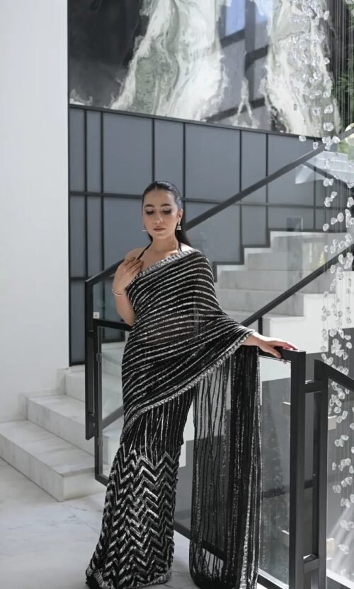 Designer Black Sequin Party Wear Saree with Silk Blouse