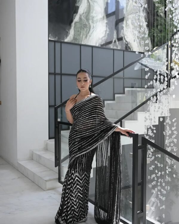 Designer Black Sequin Party Wear Saree with Silk Blouse