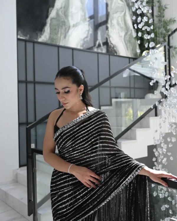Designer Black Sequin Party Wear Saree with Silk Blouse