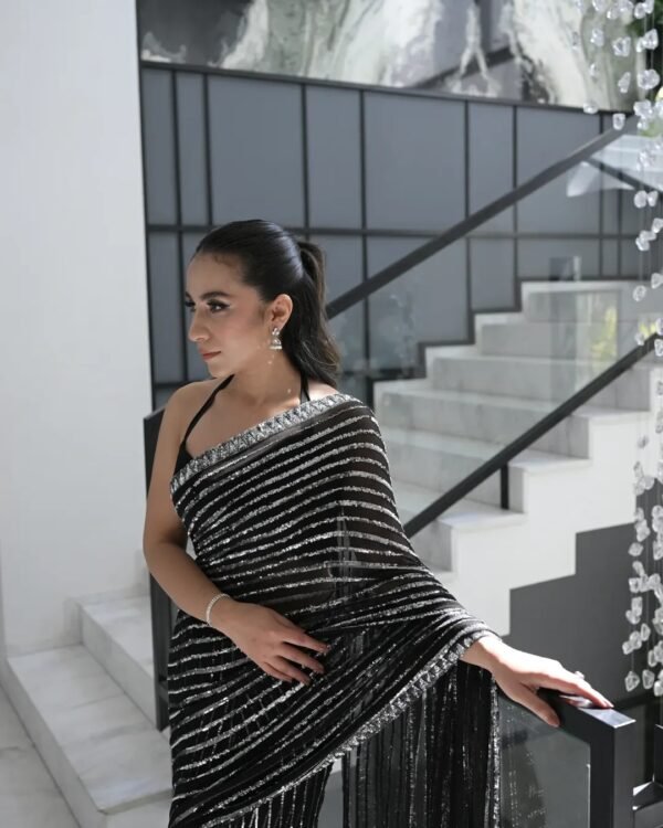 Designer Black Sequin Party Wear Saree with Silk Blouse