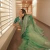 Green Twill Net Sequin Saree with Embroidery Work