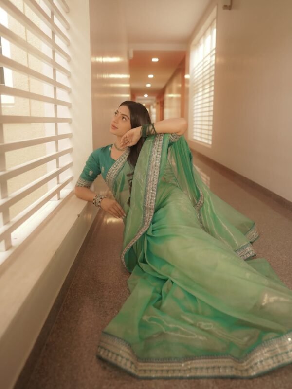 Green Twill Net Sequin Saree with Embroidery Work